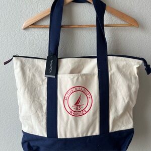 *NWT Nautica Cream and Navy Canvas Tote with Red Logo